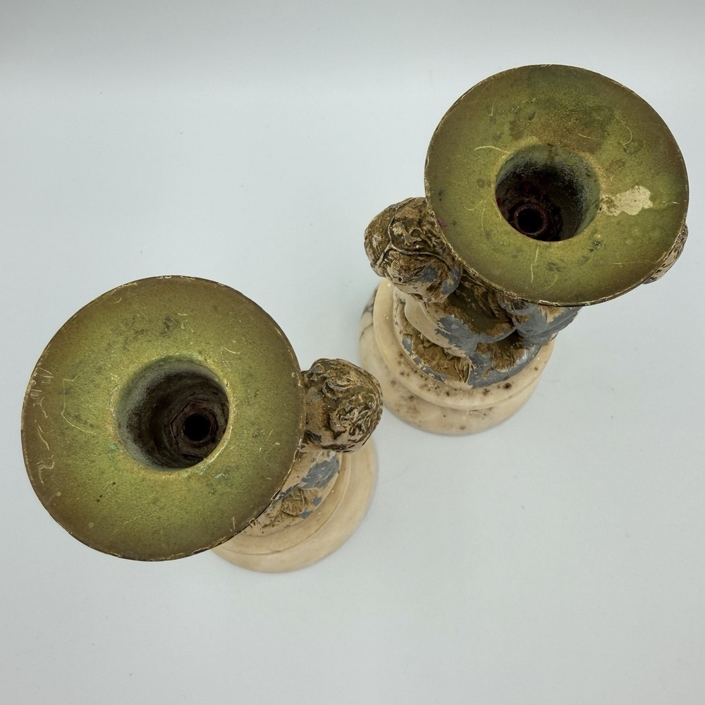 Vintage Italian Alabaster Marble Cherub Candlestick Holders Set - Made In Italy - Picture 10 of 13